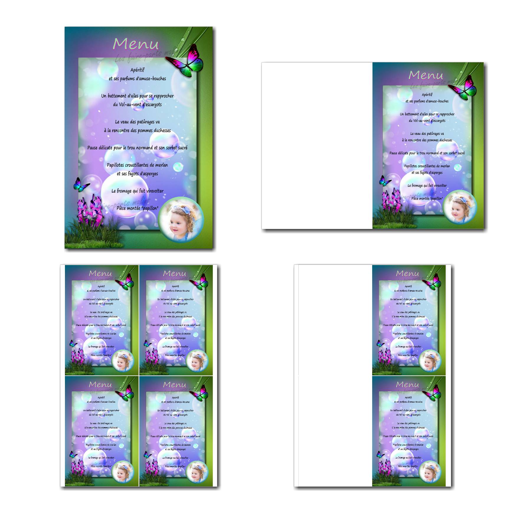 carte de menu prêt à imprimer papillons violet et bleu