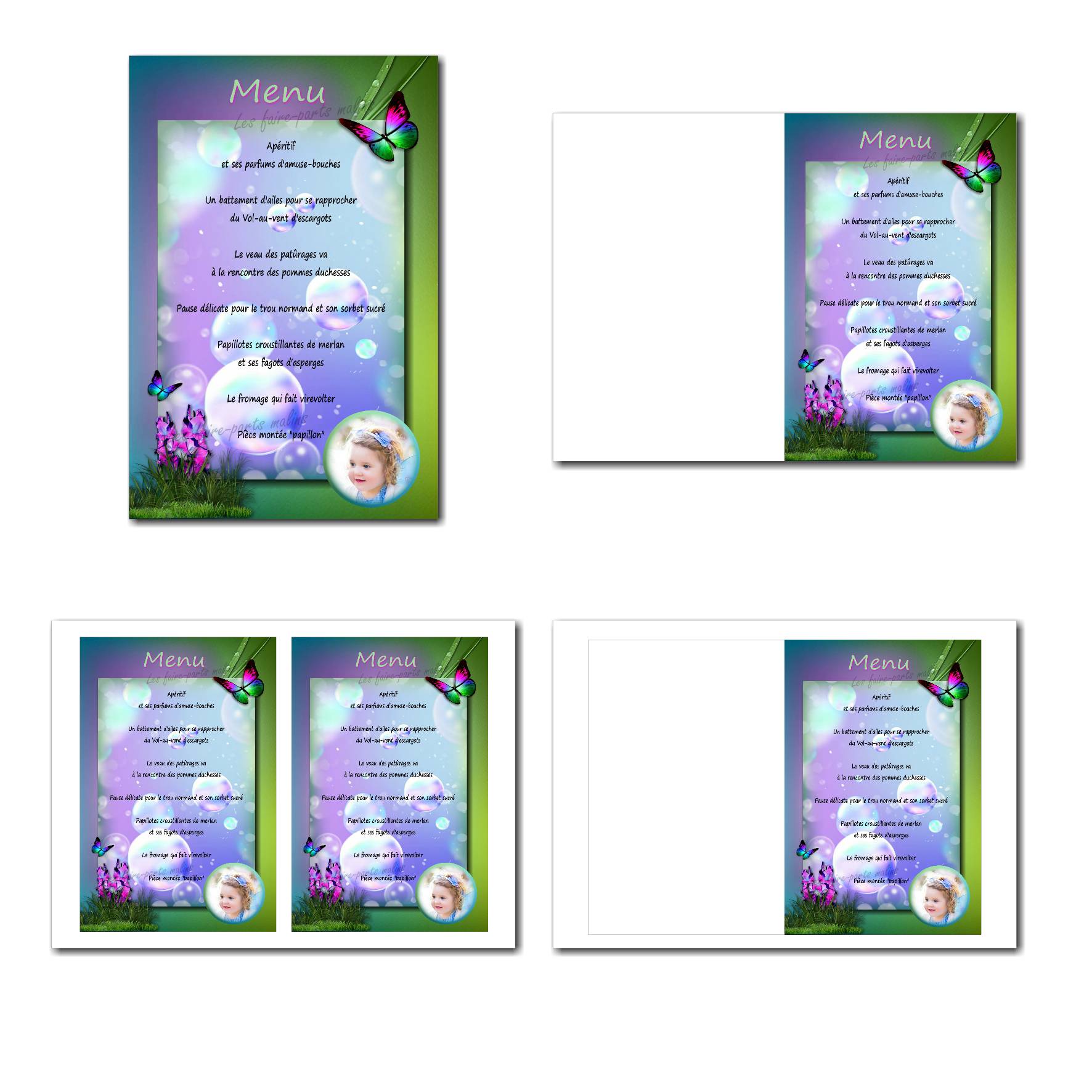 carte de menu illimité en violet et vert avec beaux papillons