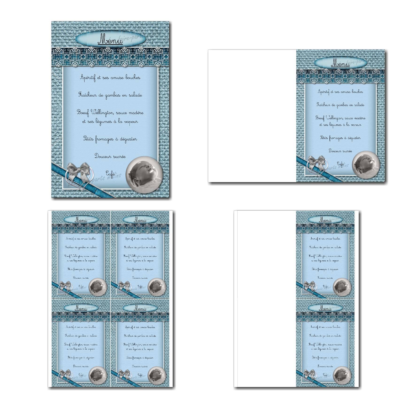 Carte de menu prêt à imprimer bleu clair et gris avec coeur et ruban