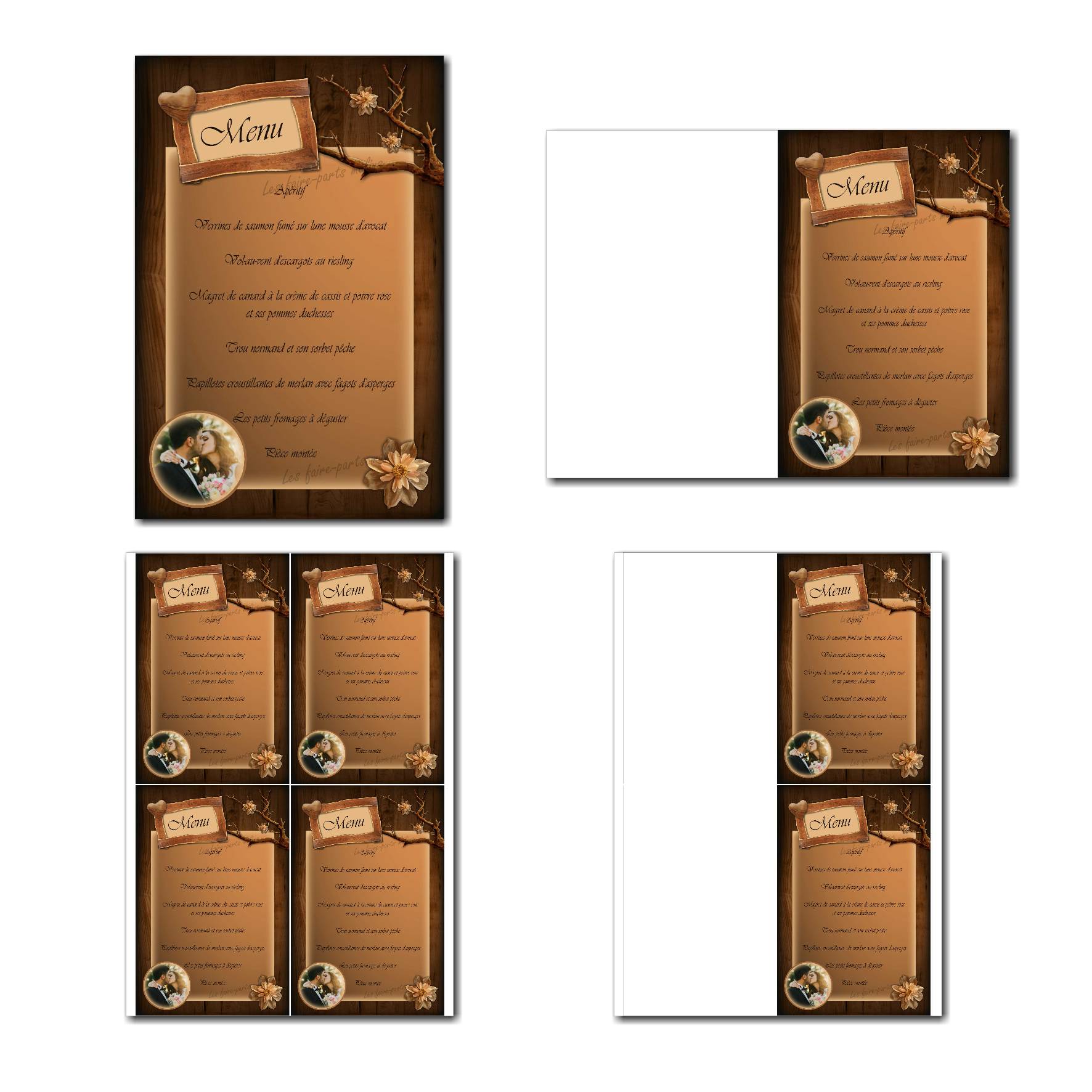 Carte de menu à imprimer sur fond ébène avec coeur en bois