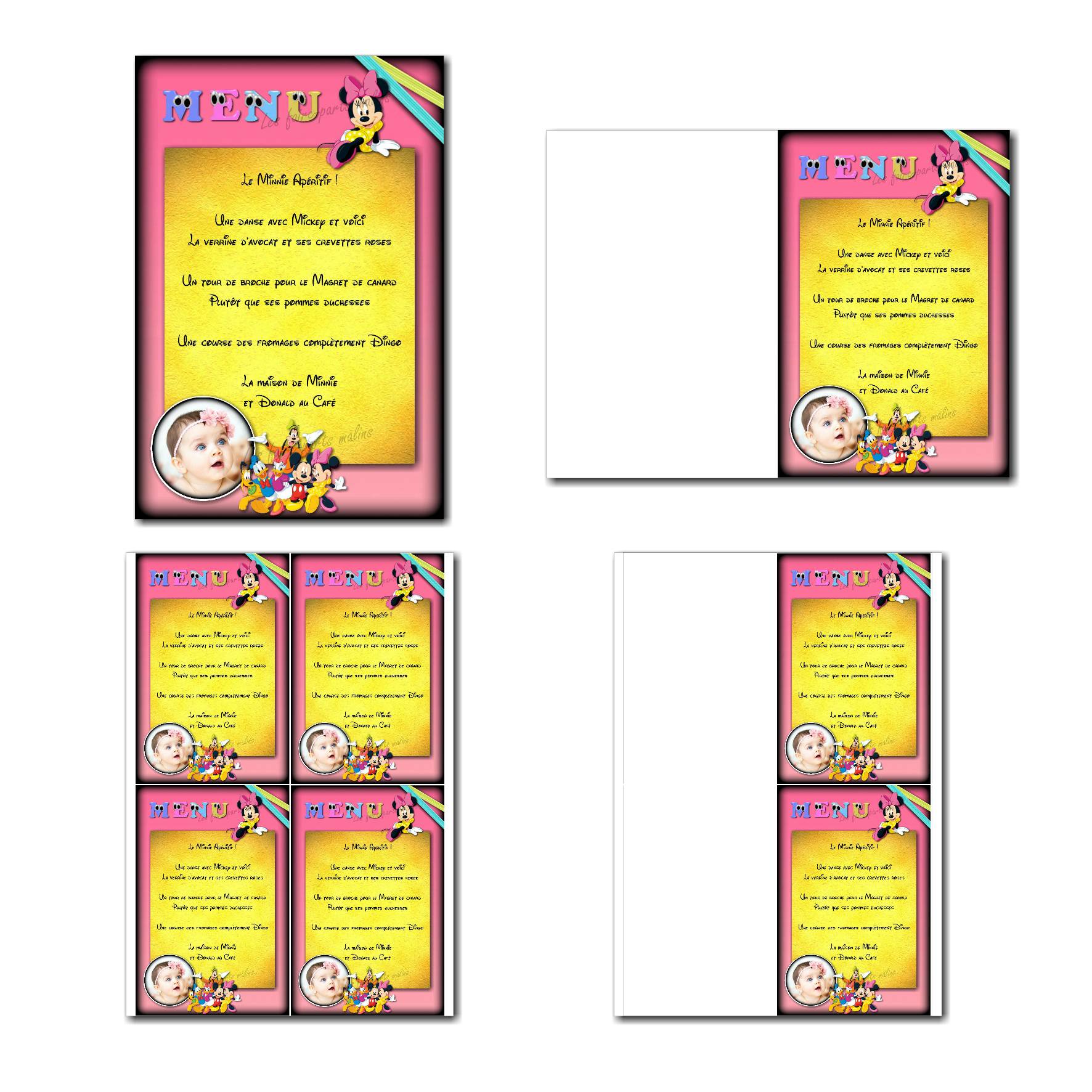 carte de menu prêt à imprimer Minnie en jaune et rose