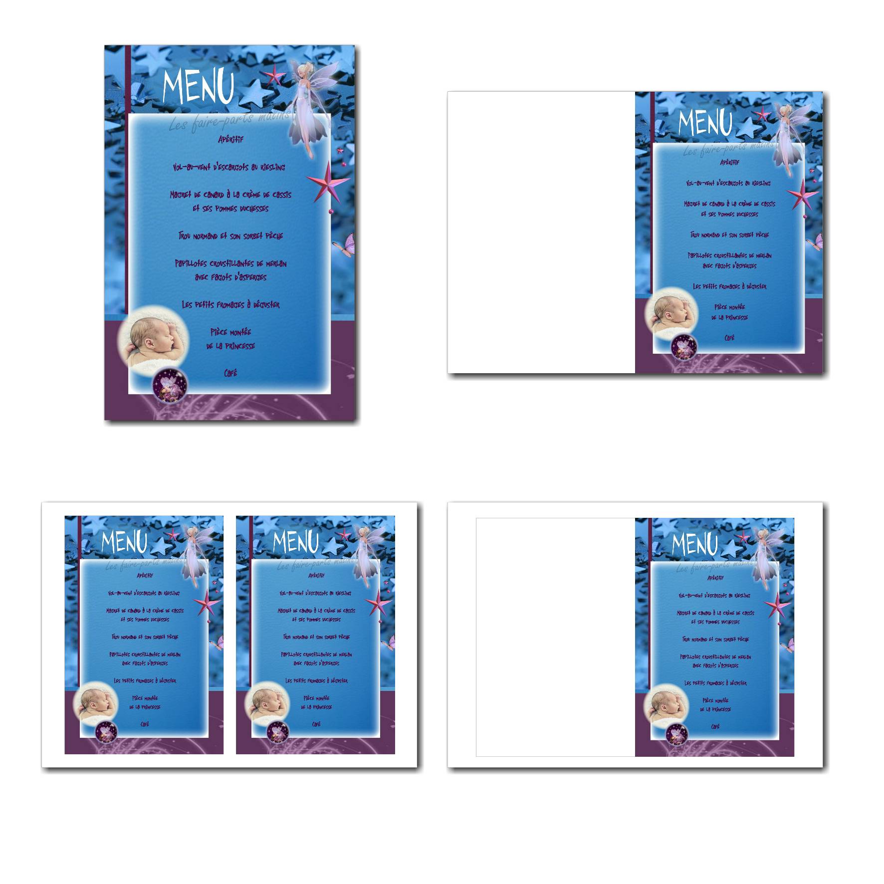 carte de menu illimité en bleu et violet avec petite fée